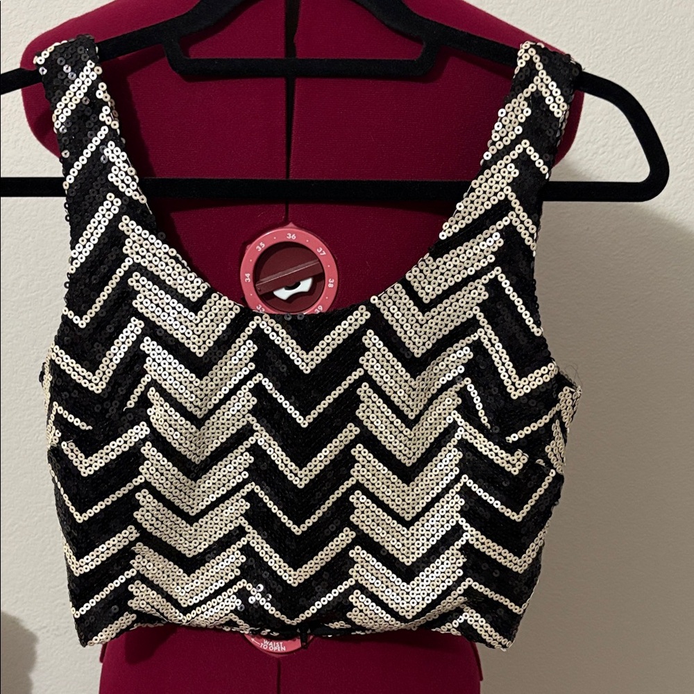 B. Smart Black and White Sequin Crop Top chevron print Made in Phillipines